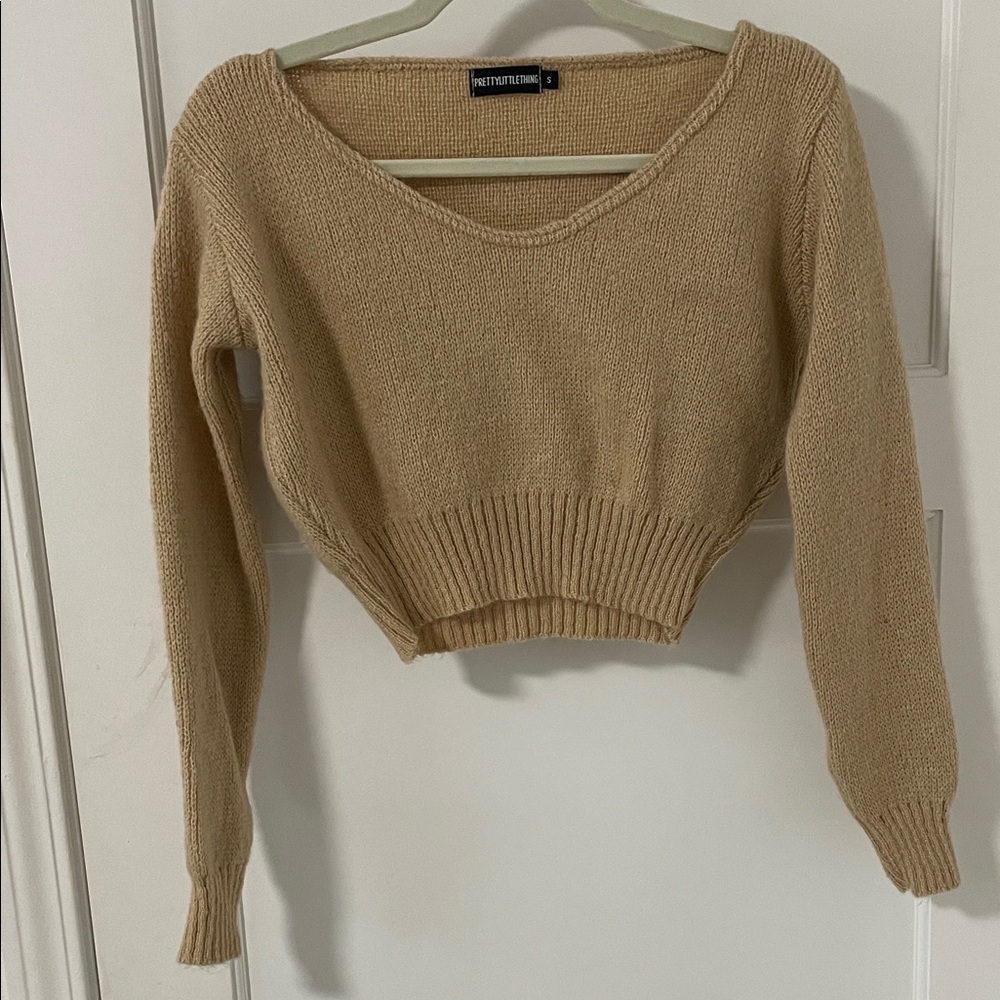 Tan V-Neck Cropped Sweater for Women